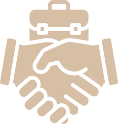 Icon of two hands shaking with a briefcase in the background, symbolizing business agreement or partnership.