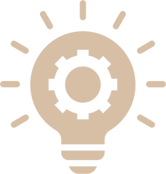 Illustration of a light bulb with a gear inside, surrounded by rays, symbolizing innovation and ideas.