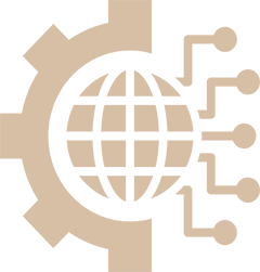 Icon depicting a globe inside a gear on the left, with circuit-like lines extending from the right, symbolizing global technology integration.