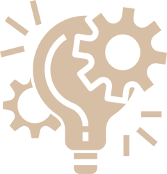 Illustration of a light bulb and gears interconnected, symbolizing innovation and ideas.