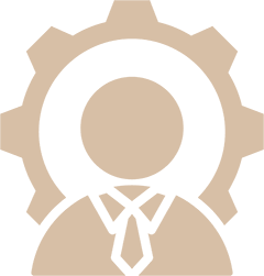 Icon of a person wearing a tie, surrounded by a gear, symbolizing business management or industry expertise.
